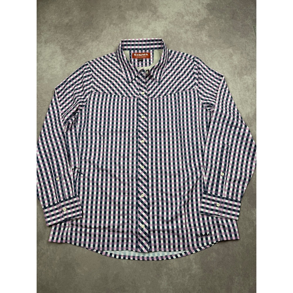 Simms Fishing Womens XL Pink Navy Gingham Plaid Vented Long Sleeve Fishing Shirt